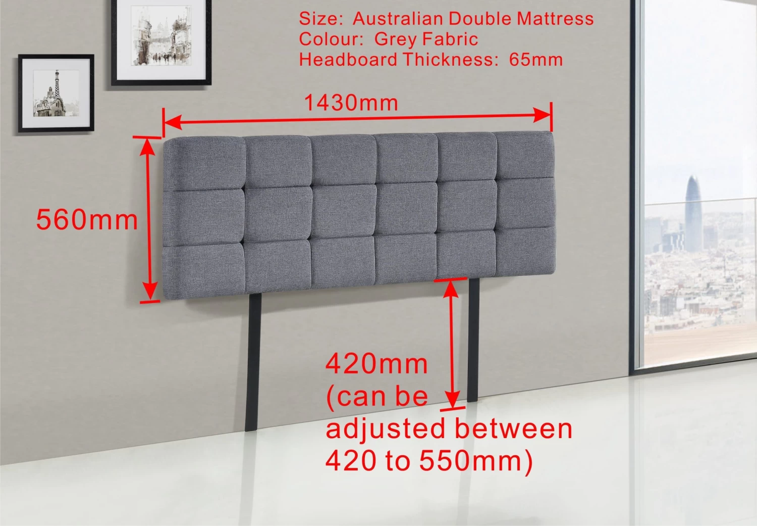 Linen Fabric Double Bed Deluxe Headboard Bedhead - Grey 4 Linen Fabric Double Bed Deluxe Headboard Bedhead - Grey - Image 2