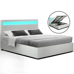 Artiss LED Bed Frame Double Full Size Gas Lift Base With Storage White Leather