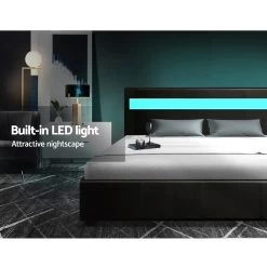 Artiss LED Bed Frame Queen Size Gas Lift Base With Storage Black Leather -Best Bedding Store BFRAME E COLE Q BK ABC 03