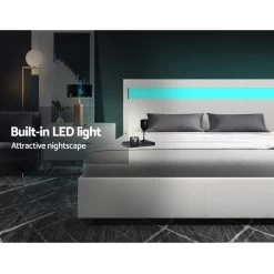 Artiss LED Bed Frame Queen Size Gas Lift Base With Storage White Leather -Best Bedding Store BFRAME E COLE Q WH ABC 03
