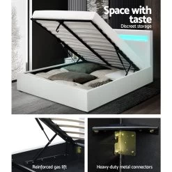 Artiss LED Bed Frame Queen Size Gas Lift Base With Storage White Leather -Best Bedding Store BFRAME E COLE Q WH ABC 05