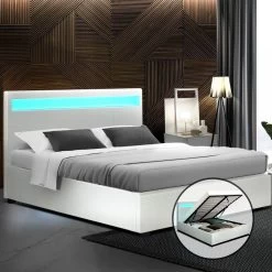 Artiss LED Bed Frame Queen Size Gas Lift Base With Storage White Leather -Best Bedding Store BFRAME E COLE Q WH ABC 99
