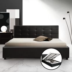 Artiss LISA Double Full Size Gas Lift Bed Frame Base With Storage Mattress Black Leather -Best Bedding Store BFRAME E LISA D BK ABC 06