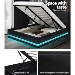Artiss RGB LED Bed Frame Double Full Size Gas Lift Base Storage Black Leather LUMI -Best Bedding Store BFRAME E LUMI D BK ABC 05