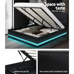 Artiss RGB LED Bed Frame King Size Gas Lift Base Storage Black Leather LUMI -Best Bedding Store BFRAME E LUMI K BK ABC 05