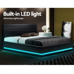 Artiss RGB LED Bed Frame Queen Size Gas Lift Base Storage Black Leather LUMI -Best Bedding Store BFRAME E LUMI Q BK ABC 03