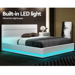 Artiss RGB LED Bed Frame Queen Size Gas Lift Base Storage White Leather LUMI -Best Bedding Store BFRAME E LUMI Q WH ABC 03