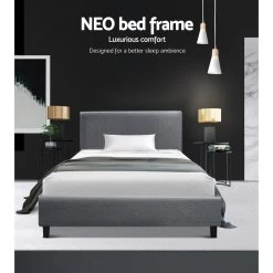 Bed Frame Single Size Base Mattress Platform Full Size Fabric Wooden Grey NEO -Best Bedding Store BFRAME E NEO S GY AB 02