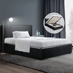 Artiss NINO King Single Size Gas Lift Bed Frame Base With Storage Mattress Black Leather -Best Bedding Store BFRAME E NINO KS BK ABC 06