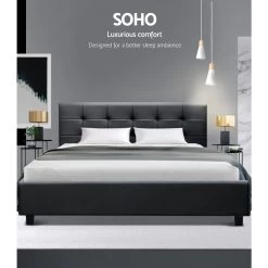 Artiss Double Full Size Bed Frame Base Mattress Platform Black Leather Wooden SOHO -Best Bedding Store BFRAME E SOHO D BK AB 03