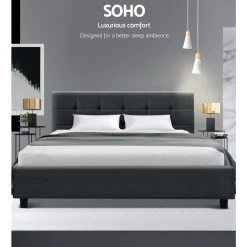 Bed Frame Queen Size Base Mattress Platform Fabric Wooden Charcoal SOHO -Best Bedding Store BFRAME E SOHO Q CHAR AB 02