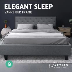 Artiss VANKE Queen Size Bed Frame Base Fabric Headboard Wooden Mattress -Best Bedding Store BFRAME E VANKE Q GY AB 02