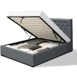 Artiss VILA King Single Size Gas Lift Bed Frame Base With Storage Mattress Grey Fabric -Best Bedding Store BFRAME E VILA KS GY ABC 02