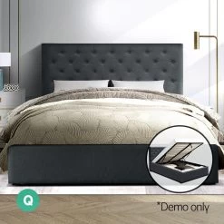 Artiss Queen Size Gas Lift Bed Frame Base With Storage Mattress Charcoal Fabric VILA -Best Bedding Store BFRAME E VILA Q CHAR AB 06