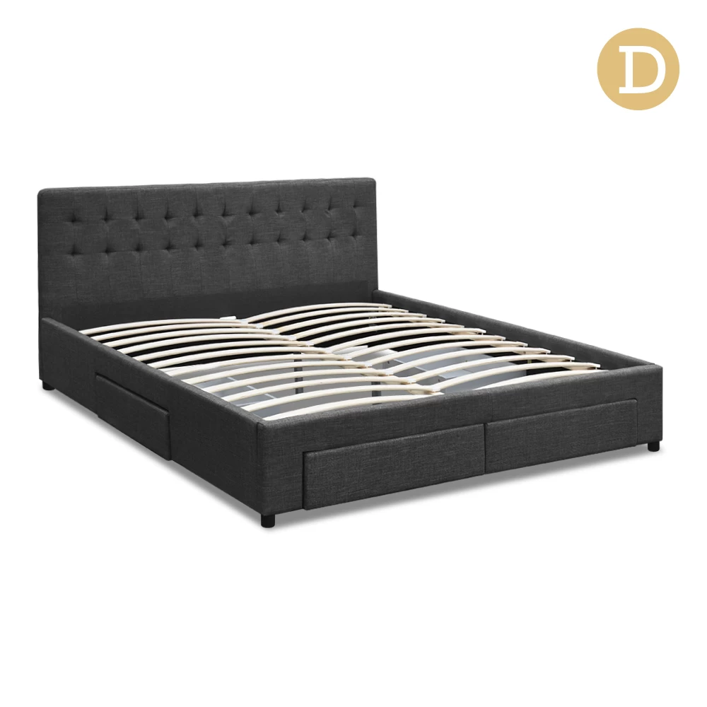 Artiss Double Size Fabric Bed Frame Headboard With Drawers - Charcoal 3 Artiss Double Size Fabric Bed Frame Headboard With Drawers - Charcoal
