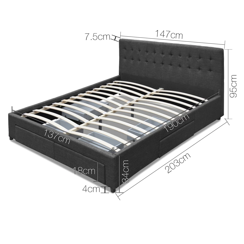 Artiss Double Size Fabric Bed Frame Headboard With Drawers - Charcoal 4 Artiss Double Size Fabric Bed Frame Headboard With Drawers - Charcoal - Image 2
