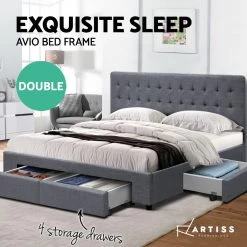 DOUBLE Bed Frame With 4 Storage Drawers AVIO Fabric Headboard Wooden -Best Bedding Store BFRAME F AVIO D GY ABC 03