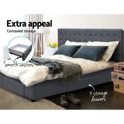 DOUBLE Bed Frame With 4 Storage Drawers AVIO Fabric Headboard Wooden -Best Bedding Store BFRAME F AVIO D GY ABC 04
