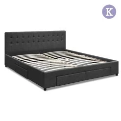 Artiss King Size Fabric Bed Frame Headboard With Drawers - Charcoal