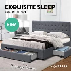 KING Bed Frame With 4 Storage Drawers AVIO Fabric Headboard Wooden -Best Bedding Store BFRAME F AVIO K GY ABC 03