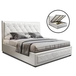 Artiss TIYO Double Full Size Gas Lift Bed Frame Base With Storage Mattress White Leather