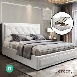 Artiss TIYO Double Full Size Gas Lift Bed Frame Base With Storage Mattress White Leather -Best Bedding Store BFRAME F TIYO D WH ABC 06