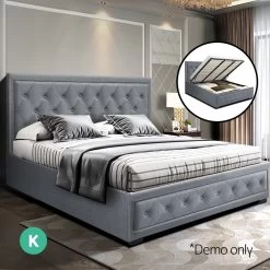 Artiss TIYO King Size Gas Lift Bed Frame Base With Storage Mattress Grey Fabric -Best Bedding Store BFRAME F TIYO K GY ABC 06