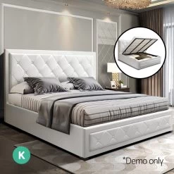 Artiss TIYO King Size Gas Lift Bed Frame Base With Storage Mattress White Leather -Best Bedding Store BFRAME F TIYO K WH ABC 06