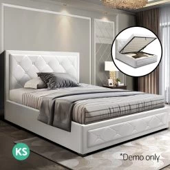 Artiss TIYO King Single Size Gas Lift Bed Frame Base With Storage Mattress White Leather -Best Bedding Store BFRAME F TIYO KS WH ABC 06
