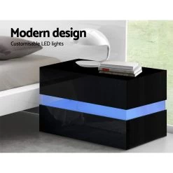 Artiss Bedside Table 2 Drawers RGB LED Side Nightstand High Gloss Cabinet Black -Best Bedding Store FURNI L LED BS01 BK 02 1