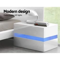 Artiss Bedside Table 2 Drawers RGB LED Side Nightstand High Gloss Cabinet White -Best Bedding Store FURNI L LED BS01 WH 02 1