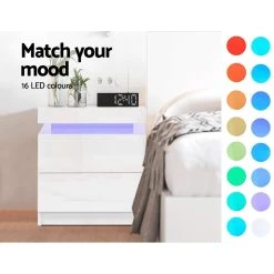 Artiss Bedside Tables Side Table Drawers RGB LED High Gloss Nightstand White -Best Bedding Store FURNI O LED BS 01 WH 02 1