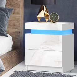 Artiss Bedside Tables Side Table Drawers RGB LED High Gloss Nightstand White -Best Bedding Store FURNI O LED BS 01 WH 99 1