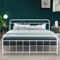Metal Bed Frame Queen Size Platform Foundation Mattress Base Leo White -Best Bedding Store MBED C LEO Q WH 99