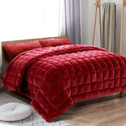 Giselle Bedding Faux Mink Quilt Comforter Fleece Throw Blanket Doona Burgundy Super King -Best Bedding Store QUILT FM BGD SK 99 1