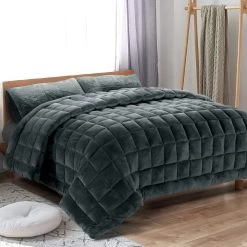 Giselle Bedding Faux Mink Quilt Plush Throw Blanket Comforter Duvet Cover Charcoal Double -Best Bedding Store QUILT FM CHAR D 99 1