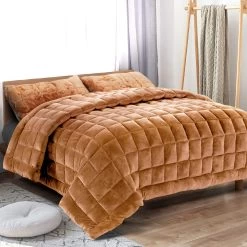 Giselle Bedding Faux Mink Quilt Comforter Fleece Throw Blanket Doona Latte Super King -Best Bedding Store QUILT FM LATTE SK 99 1