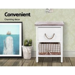 Artiss 2x Bedside Tables Shabby Chic Storage Cabinet Unit Drawers Side Basket -Best Bedding Store ST CAB B 1D1B WHX2 02 1