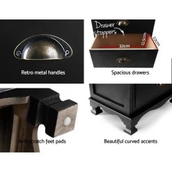 2x Artiss Bedside Tables Drawers Side Table Nightstand Storage Cabinet Vintage -Best Bedding Store ST CAB B 2D BKX2 04