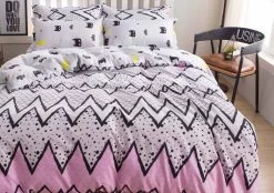 Single Size 2pcs Pink With Cute Black Pattern Quilt Cover Set