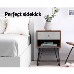 Artiss Bedside Table With Drawer - Grey & Walnut -Best Bedding Store furni g ind bside 01 wd 03