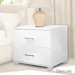 Artiss High Gloss Two Drawers Bedside Table - White -Best Bedding Store furni gloss side wh 08