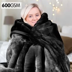 600GSM Large Double-Sided Queen Faux Mink Blanket - Black